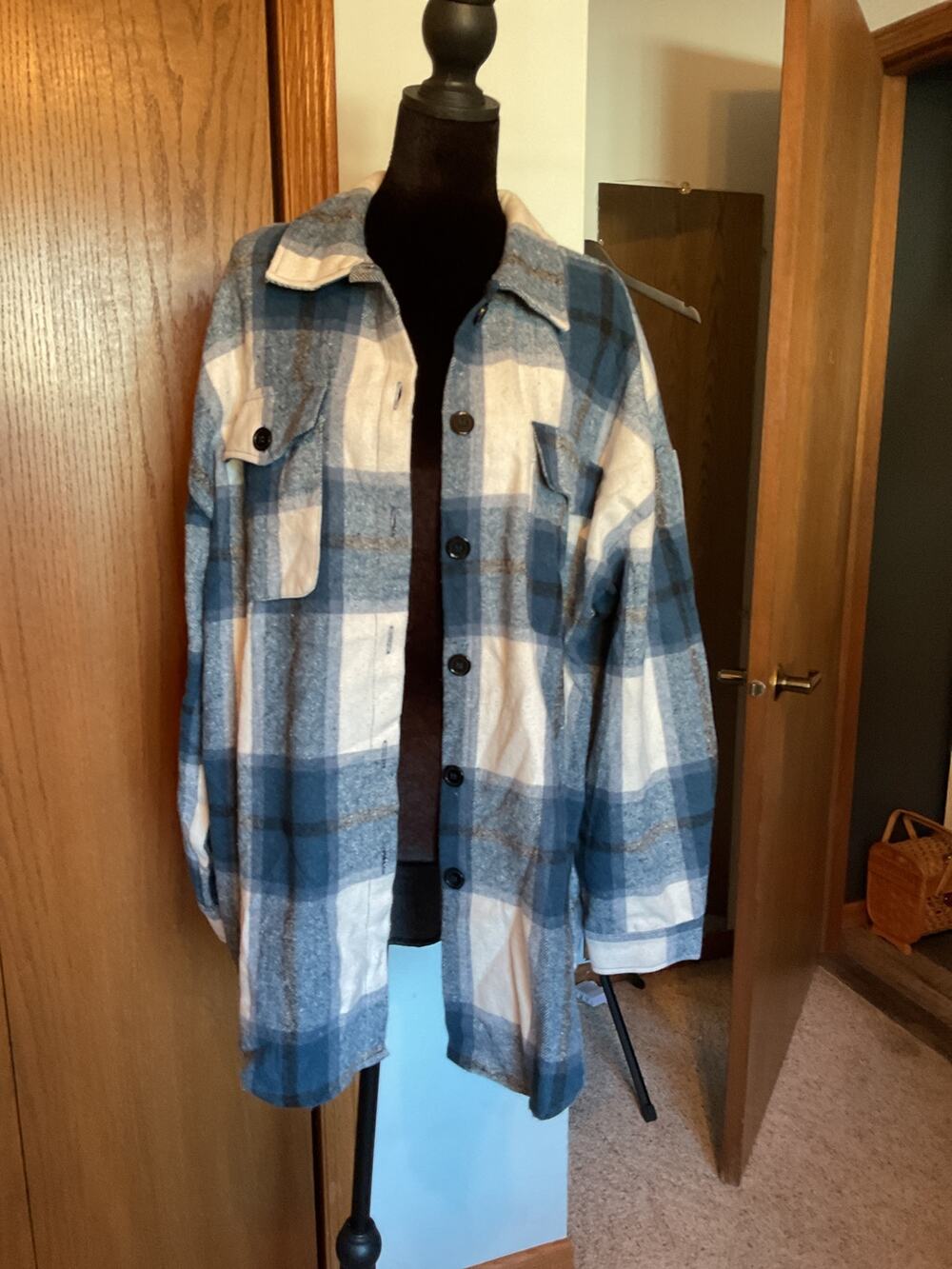 Plus Size Blue White Plaid Flannel Shacket Button Down Shirt NWT 18W